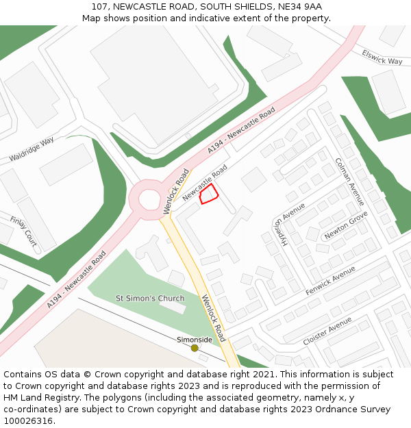107, NEWCASTLE ROAD, SOUTH SHIELDS, NE34 9AA: Location map and indicative extent of plot