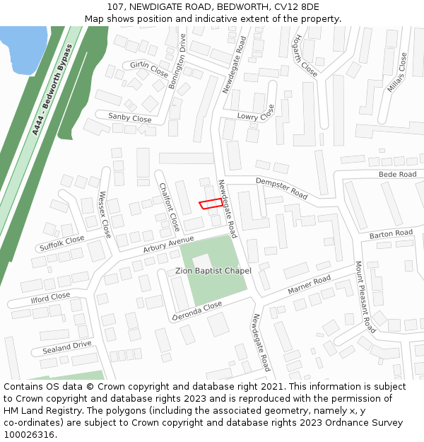 107, NEWDIGATE ROAD, BEDWORTH, CV12 8DE: Location map and indicative extent of plot