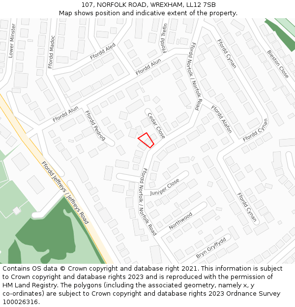 107, NORFOLK ROAD, WREXHAM, LL12 7SB: Location map and indicative extent of plot