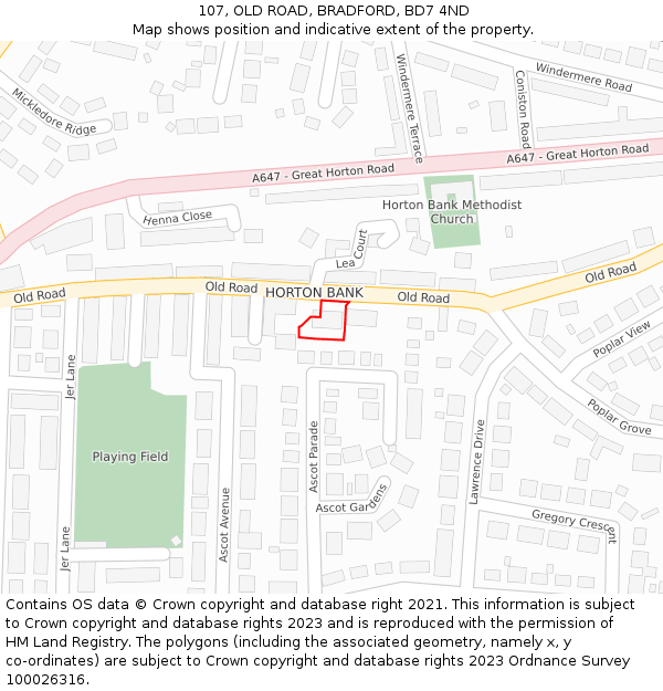 107, OLD ROAD, BRADFORD, BD7 4ND: Location map and indicative extent of plot