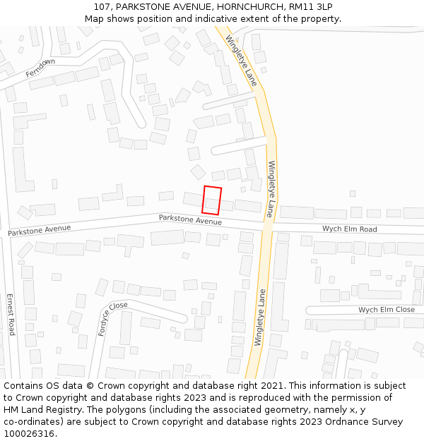 107, PARKSTONE AVENUE, HORNCHURCH, RM11 3LP: Location map and indicative extent of plot