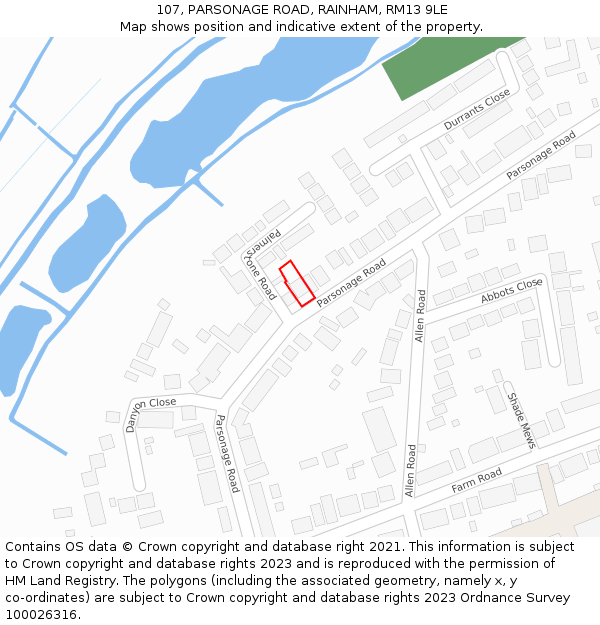 107, PARSONAGE ROAD, RAINHAM, RM13 9LE: Location map and indicative extent of plot