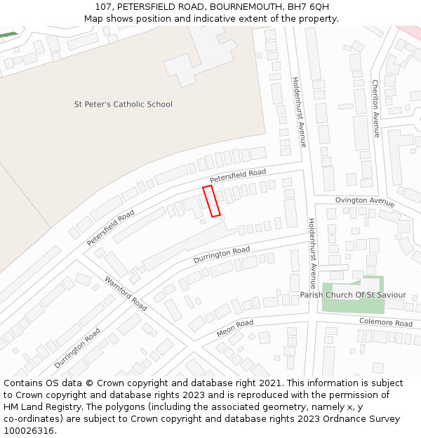 107, PETERSFIELD ROAD, BOURNEMOUTH, BH7 6QH: Location map and indicative extent of plot