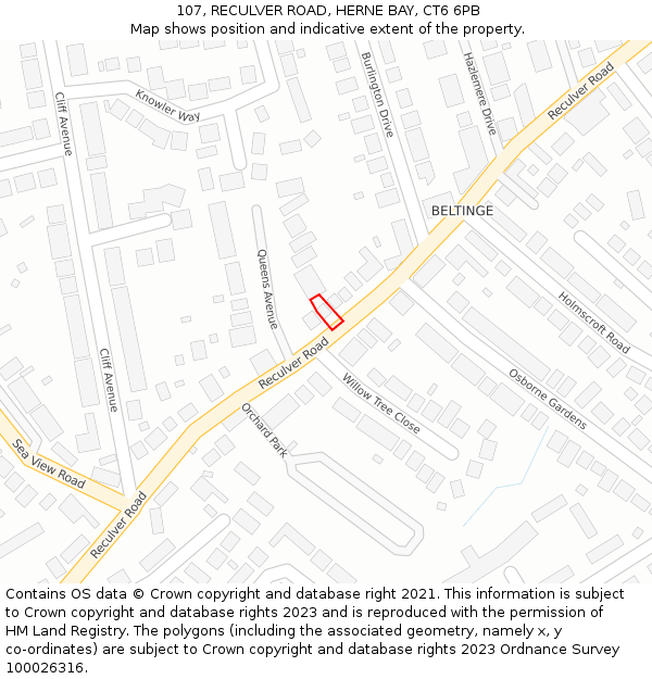 107, RECULVER ROAD, HERNE BAY, CT6 6PB: Location map and indicative extent of plot