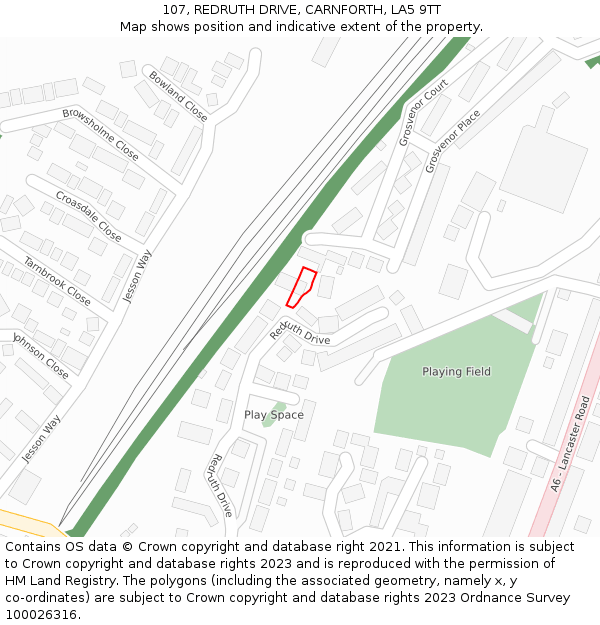 107, REDRUTH DRIVE, CARNFORTH, LA5 9TT: Location map and indicative extent of plot