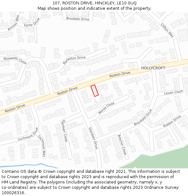 107, ROSTON DRIVE, HINCKLEY, LE10 0UQ: Location map and indicative extent of plot