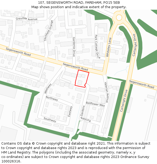 107, SEGENSWORTH ROAD, FAREHAM, PO15 5EB: Location map and indicative extent of plot