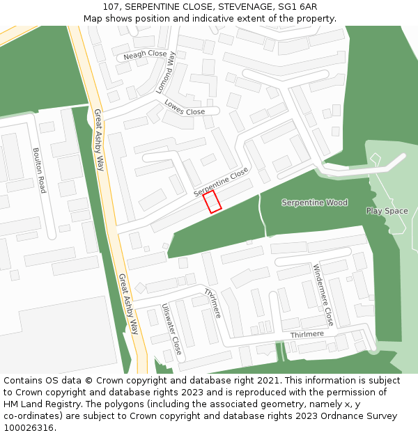 107, SERPENTINE CLOSE, STEVENAGE, SG1 6AR: Location map and indicative extent of plot