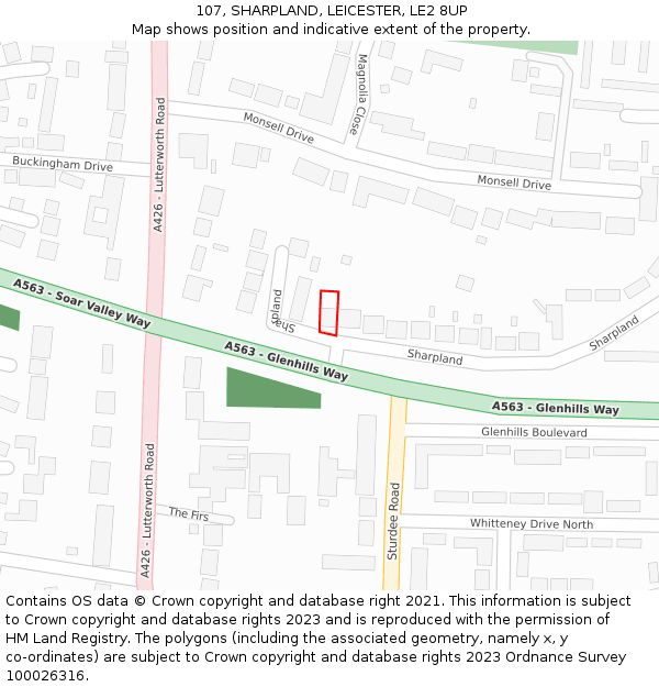 107, SHARPLAND, LEICESTER, LE2 8UP: Location map and indicative extent of plot