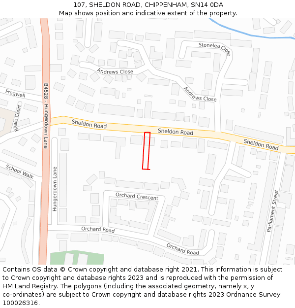 107, SHELDON ROAD, CHIPPENHAM, SN14 0DA: Location map and indicative extent of plot