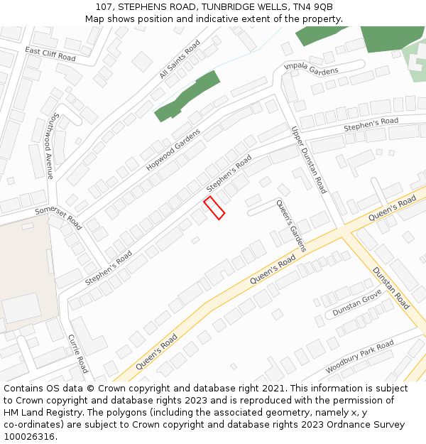 107, STEPHENS ROAD, TUNBRIDGE WELLS, TN4 9QB: Location map and indicative extent of plot