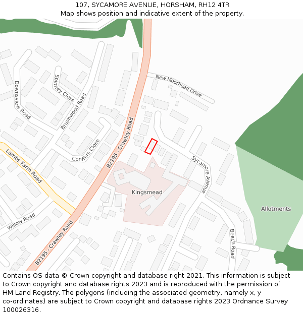 107, SYCAMORE AVENUE, HORSHAM, RH12 4TR: Location map and indicative extent of plot