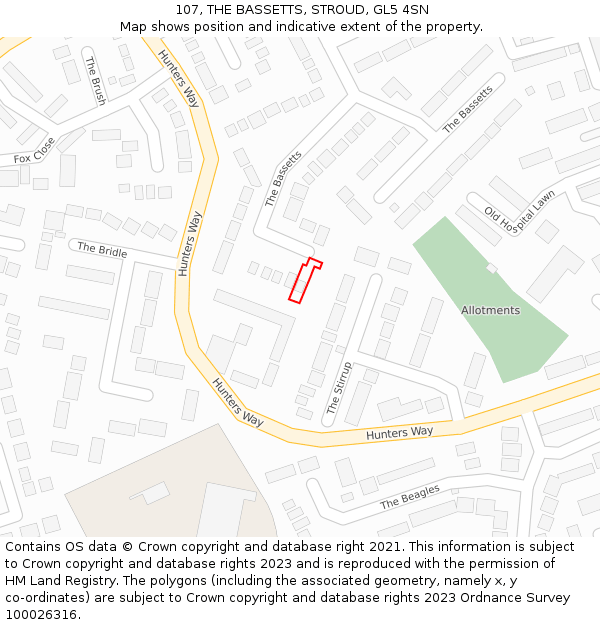 107, THE BASSETTS, STROUD, GL5 4SN: Location map and indicative extent of plot