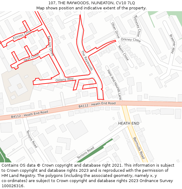 107, THE RAYWOODS, NUNEATON, CV10 7LQ: Location map and indicative extent of plot