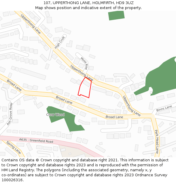 107, UPPERTHONG LANE, HOLMFIRTH, HD9 3UZ: Location map and indicative extent of plot