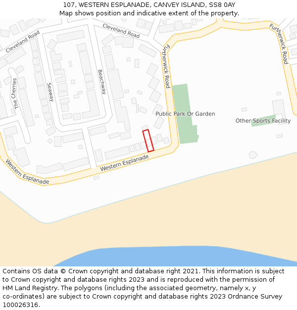 107, WESTERN ESPLANADE, CANVEY ISLAND, SS8 0AY: Location map and indicative extent of plot