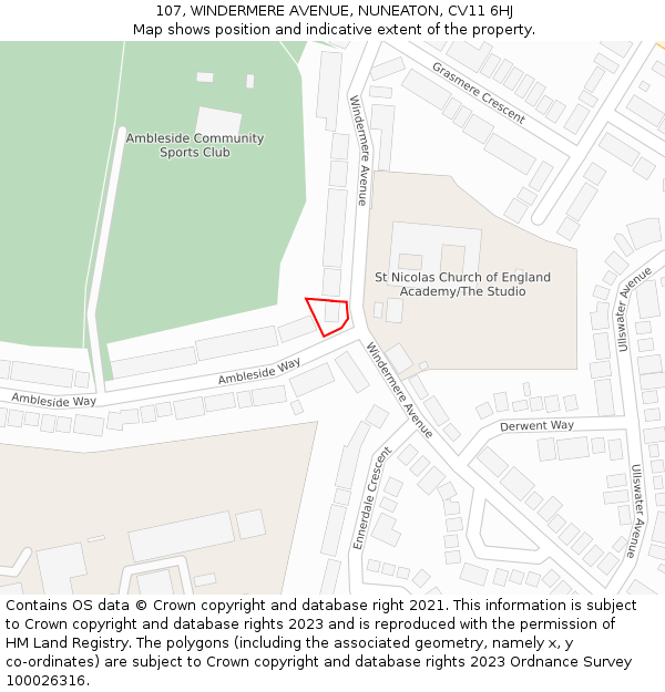 107, WINDERMERE AVENUE, NUNEATON, CV11 6HJ: Location map and indicative extent of plot