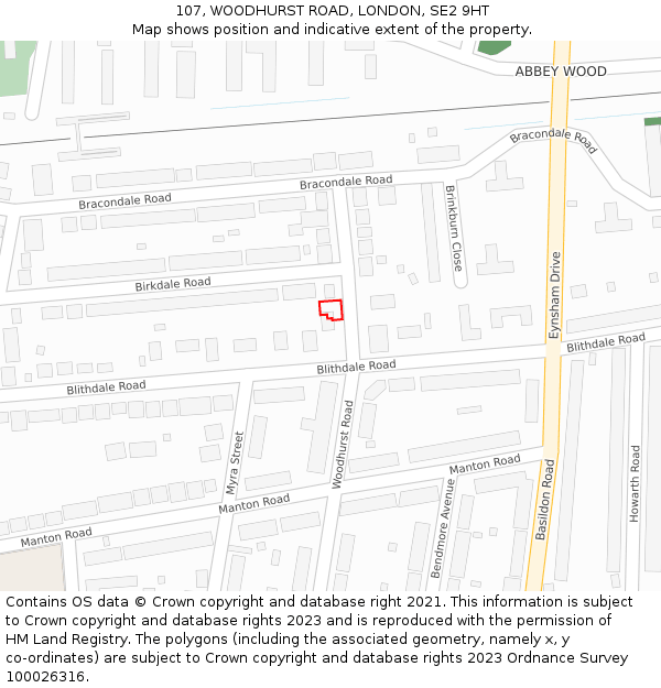 107, WOODHURST ROAD, LONDON, SE2 9HT: Location map and indicative extent of plot