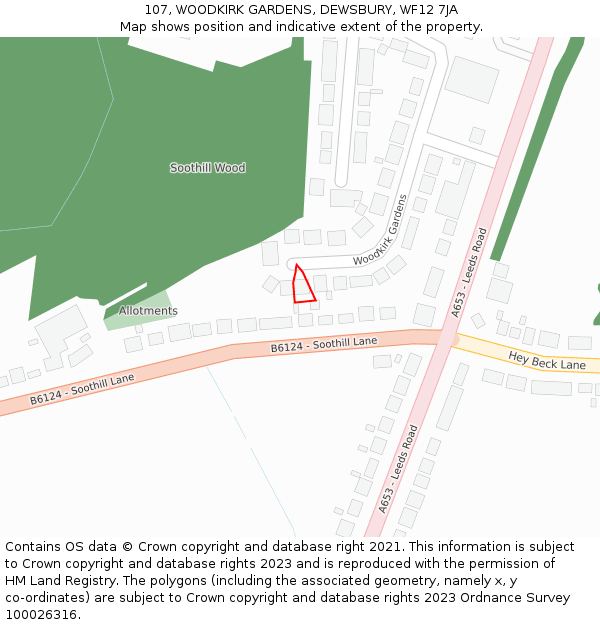 107, WOODKIRK GARDENS, DEWSBURY, WF12 7JA: Location map and indicative extent of plot