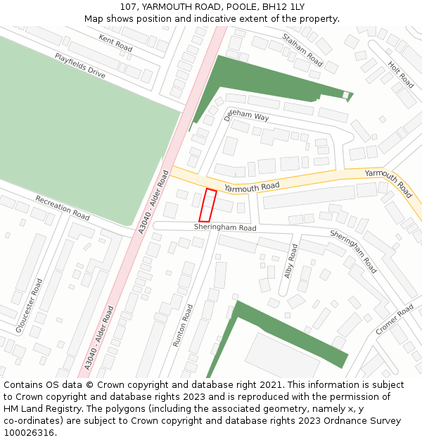 107, YARMOUTH ROAD, POOLE, BH12 1LY: Location map and indicative extent of plot
