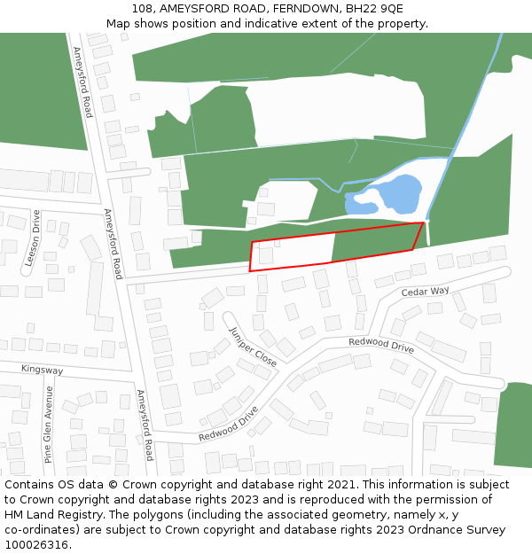 108, AMEYSFORD ROAD, FERNDOWN, BH22 9QE: Location map and indicative extent of plot