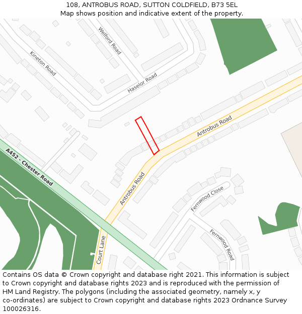 108, ANTROBUS ROAD, SUTTON COLDFIELD, B73 5EL: Location map and indicative extent of plot