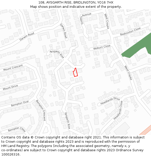 108, AYSGARTH RISE, BRIDLINGTON, YO16 7HX: Location map and indicative extent of plot