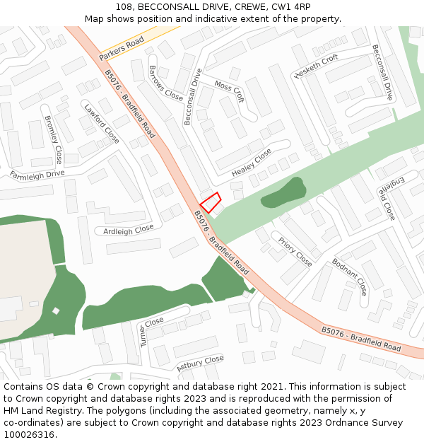 108, BECCONSALL DRIVE, CREWE, CW1 4RP: Location map and indicative extent of plot