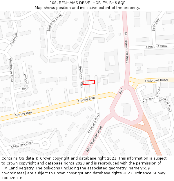 108, BENHAMS DRIVE, HORLEY, RH6 8QP: Location map and indicative extent of plot