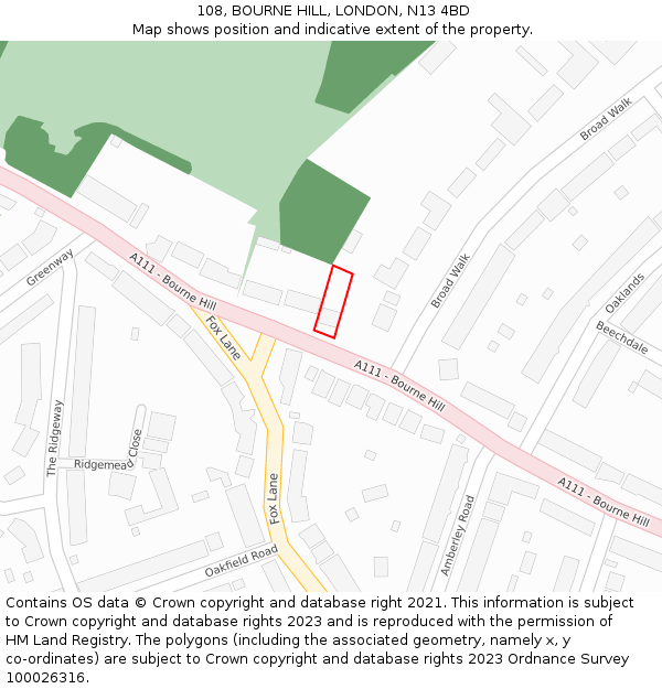 108, BOURNE HILL, LONDON, N13 4BD: Location map and indicative extent of plot