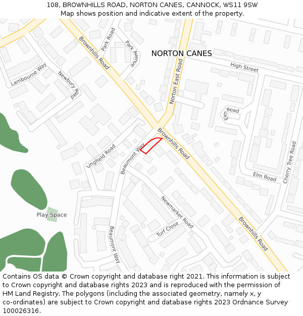 108, BROWNHILLS ROAD, NORTON CANES, CANNOCK, WS11 9SW: Location map and indicative extent of plot
