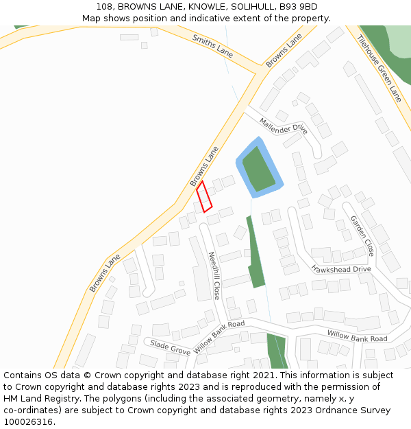 108, BROWNS LANE, KNOWLE, SOLIHULL, B93 9BD: Location map and indicative extent of plot