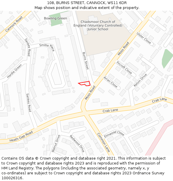 108, BURNS STREET, CANNOCK, WS11 6DR: Location map and indicative extent of plot