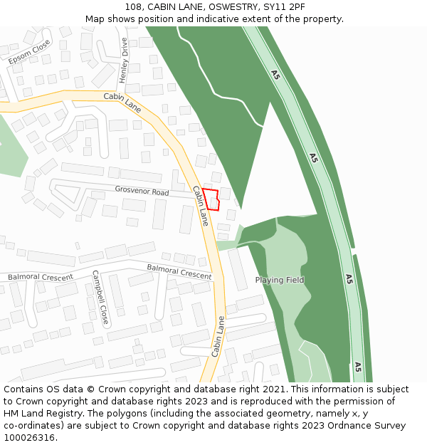 108, CABIN LANE, OSWESTRY, SY11 2PF: Location map and indicative extent of plot