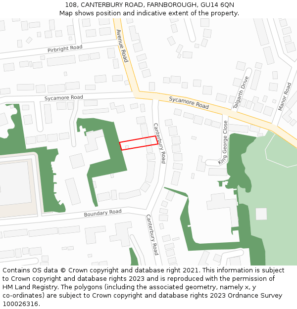 108, CANTERBURY ROAD, FARNBOROUGH, GU14 6QN: Location map and indicative extent of plot