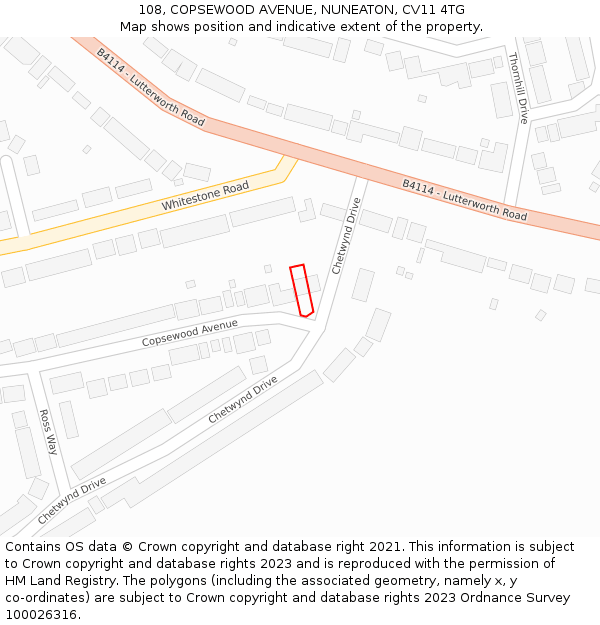 108, COPSEWOOD AVENUE, NUNEATON, CV11 4TG: Location map and indicative extent of plot