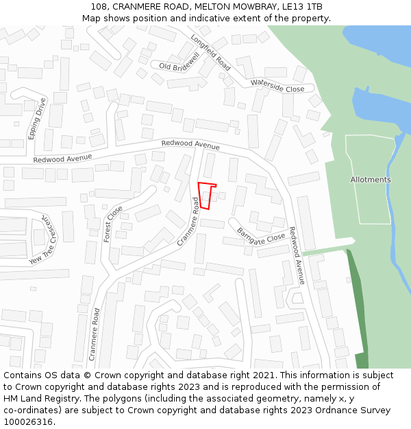 108, CRANMERE ROAD, MELTON MOWBRAY, LE13 1TB: Location map and indicative extent of plot