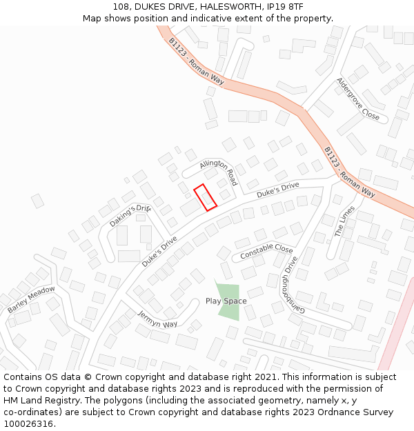 108, DUKES DRIVE, HALESWORTH, IP19 8TF: Location map and indicative extent of plot