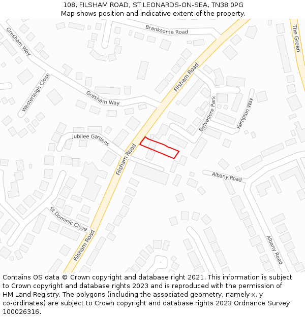 108, FILSHAM ROAD, ST LEONARDS-ON-SEA, TN38 0PG: Location map and indicative extent of plot