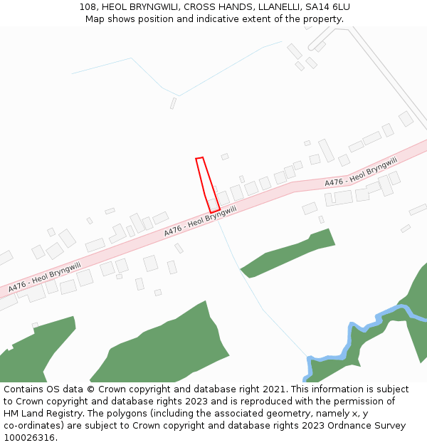 108, HEOL BRYNGWILI, CROSS HANDS, LLANELLI, SA14 6LU: Location map and indicative extent of plot