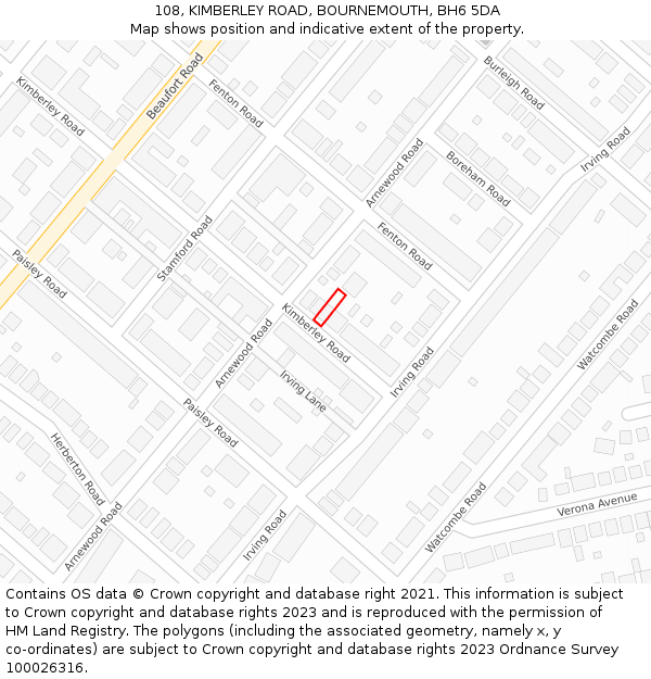 108, KIMBERLEY ROAD, BOURNEMOUTH, BH6 5DA: Location map and indicative extent of plot