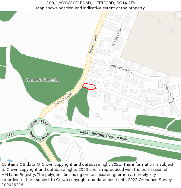 108, LADYWOOD ROAD, HERTFORD, SG14 2TA: Location map and indicative extent of plot