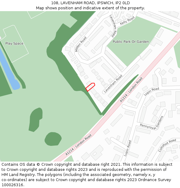 108, LAVENHAM ROAD, IPSWICH, IP2 0LD: Location map and indicative extent of plot