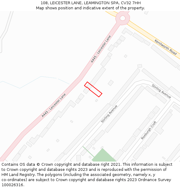 108, LEICESTER LANE, LEAMINGTON SPA, CV32 7HH: Location map and indicative extent of plot
