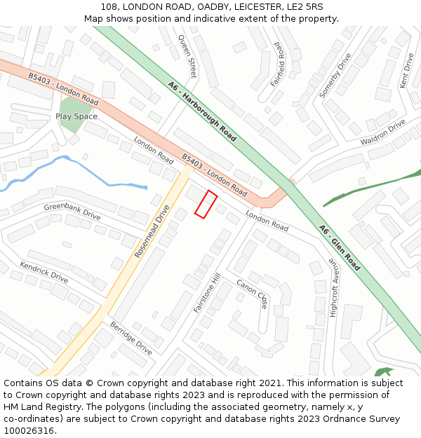 108, LONDON ROAD, OADBY, LEICESTER, LE2 5RS: Location map and indicative extent of plot