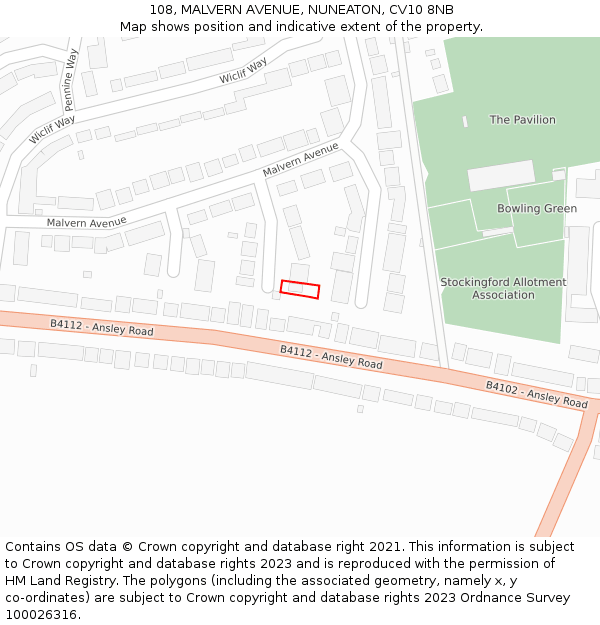 108, MALVERN AVENUE, NUNEATON, CV10 8NB: Location map and indicative extent of plot