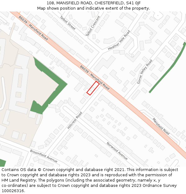 108, MANSFIELD ROAD, CHESTERFIELD, S41 0JF: Location map and indicative extent of plot
