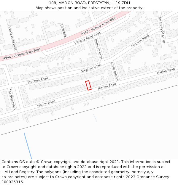 108, MARION ROAD, PRESTATYN, LL19 7DH: Location map and indicative extent of plot