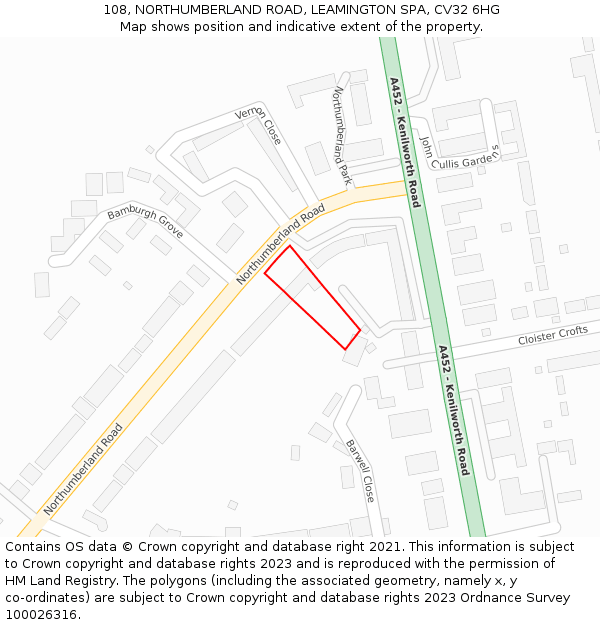 108, NORTHUMBERLAND ROAD, LEAMINGTON SPA, CV32 6HG: Location map and indicative extent of plot