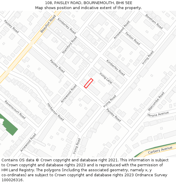 108, PAISLEY ROAD, BOURNEMOUTH, BH6 5EE: Location map and indicative extent of plot